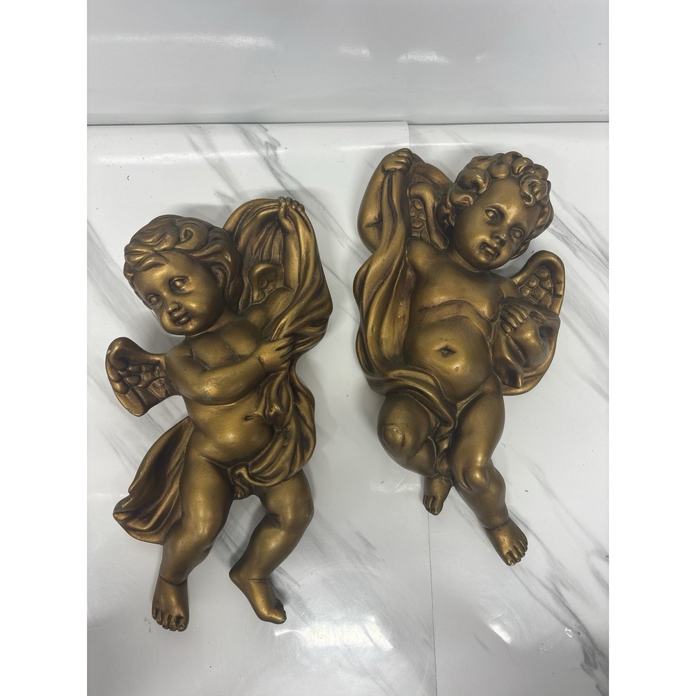 Vintage Homco Angel Cherubs 10" Victorian Gold Wall Hollywood Regency Set of 2‎